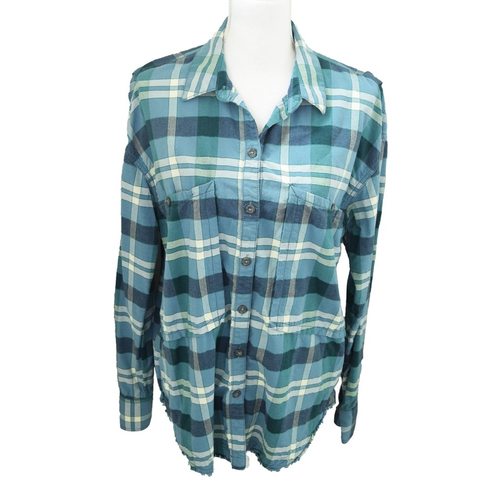 FREE PEOPLE M Loveland Blue Plaid Button Down Shirt Frayed Hem Tunic Relaxed Fit